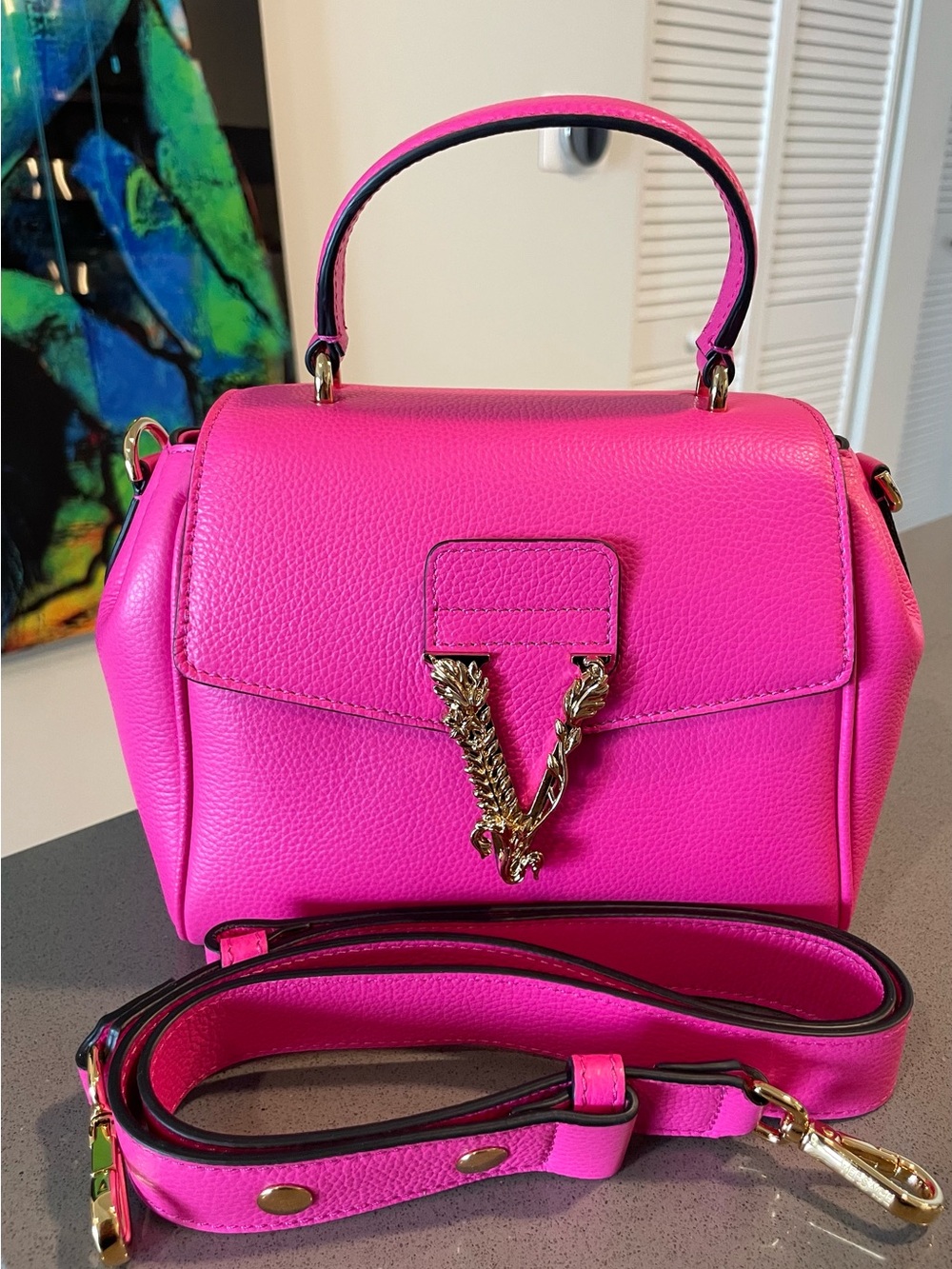 Versace Virtus Grainy Calf Pink Leather Top Handle Bag